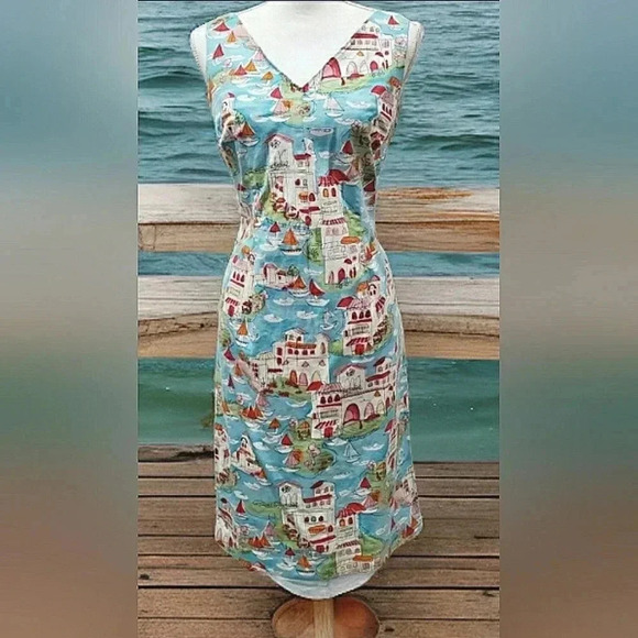 Talbots Dresses & Skirts - Vintage Y2K Sundress Novelty Seaside Cotton Coastal Boats Ocean Cruise Resort